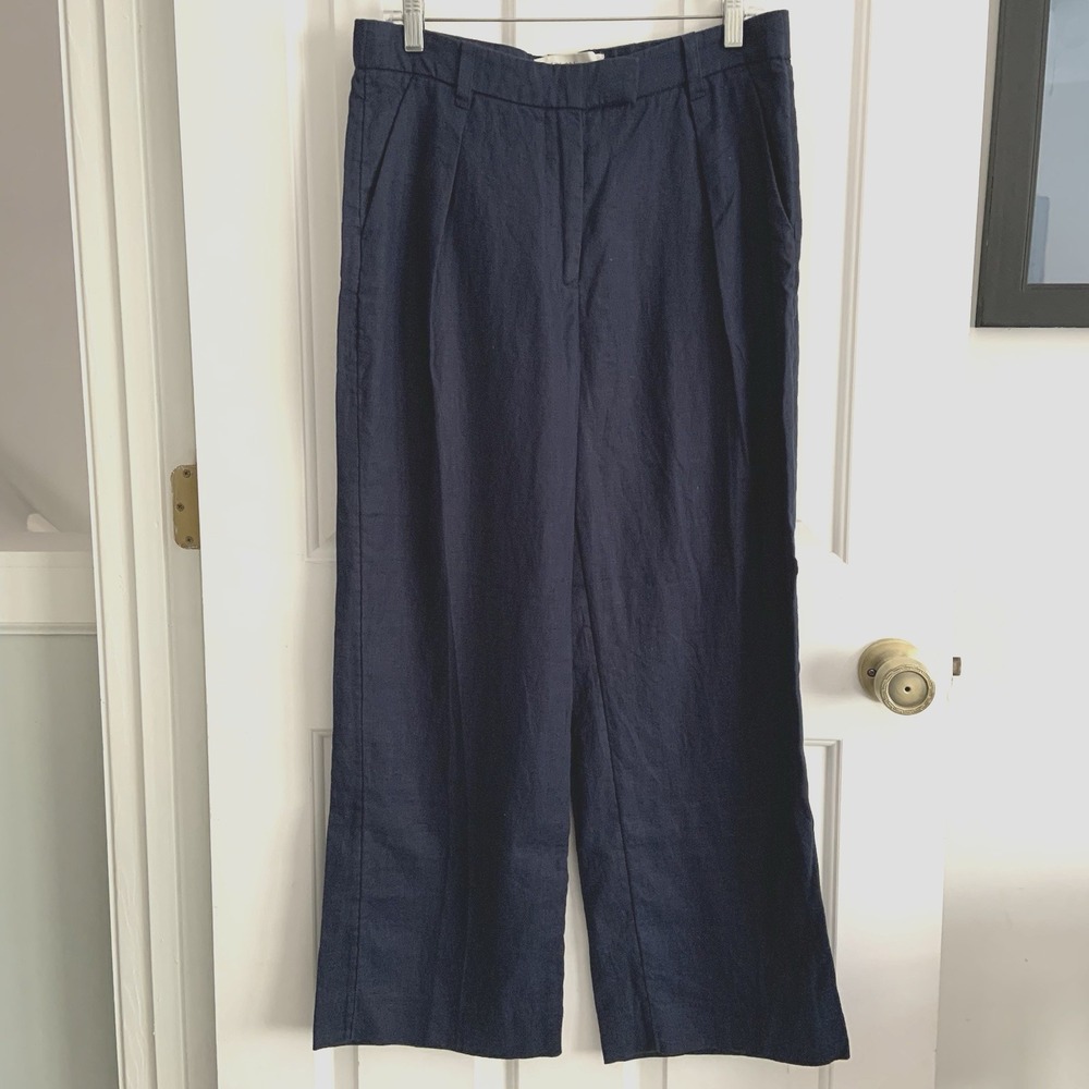 Abercrombie Fitch A&F 100% Linen Collection Wide Pleated Trousers Navy 30 Short